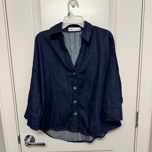 ZARA Denim Button-Down Shirt – Dark Indigo Blue